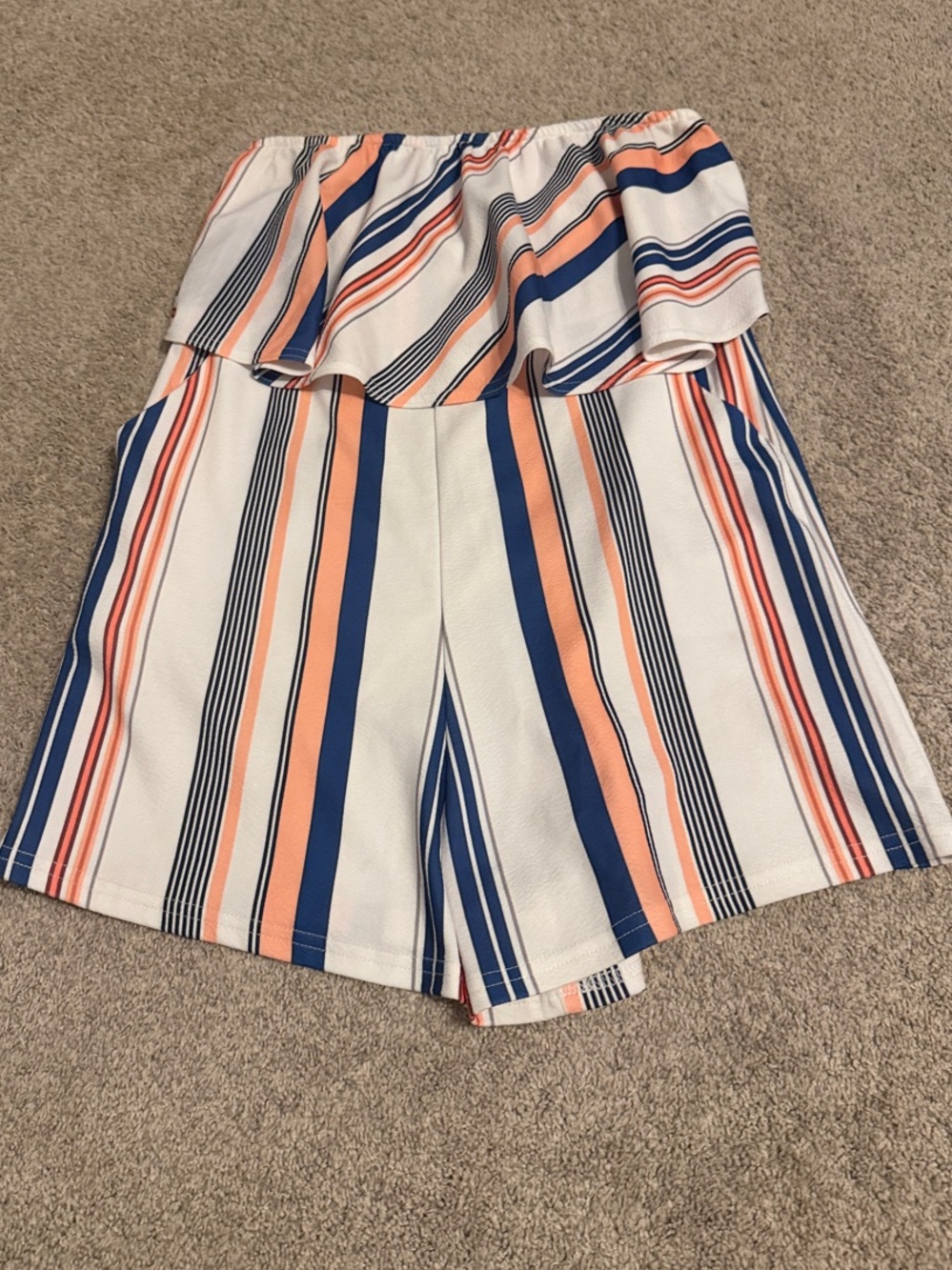 Striped Strapless Ruffle Romper in White, Navy & Peach